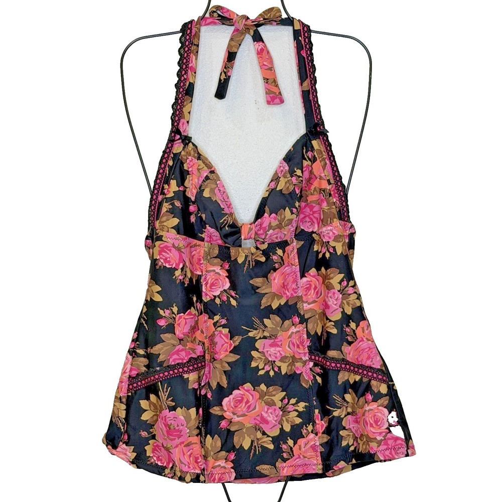 Betsy Johnson Tankini Swim Top Size Large Black Rose Floral Romantic Fairy Y2K